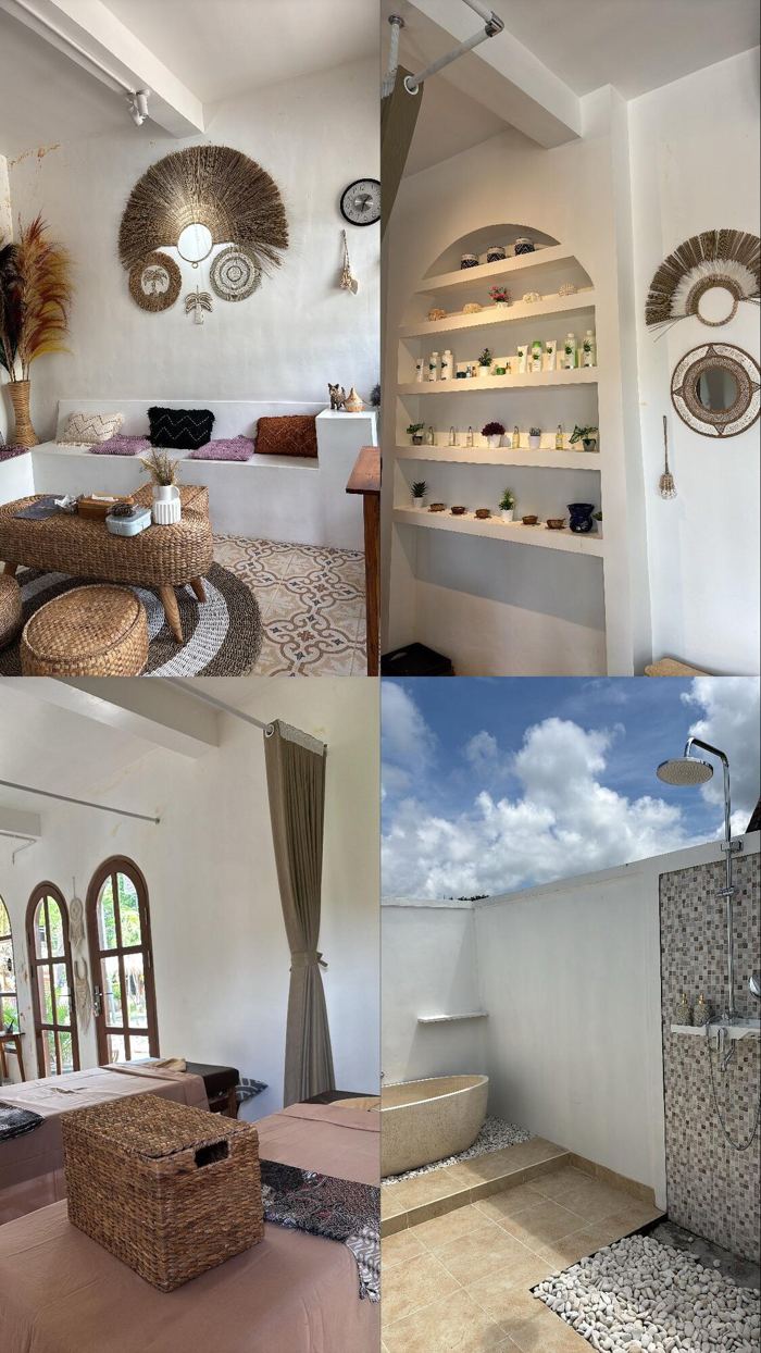 Collage of the Chellvan Spa lounge, shelves, treatment room and outdoor bath